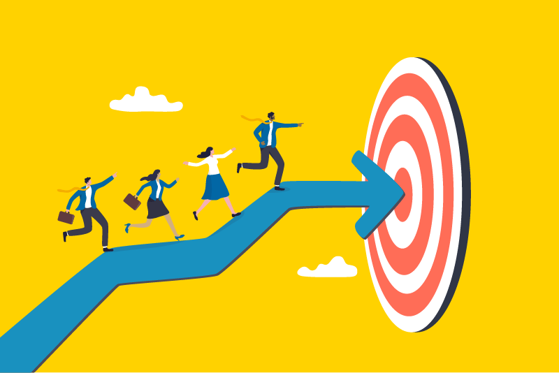 Team of people racing toward bullseye -leadership concept image